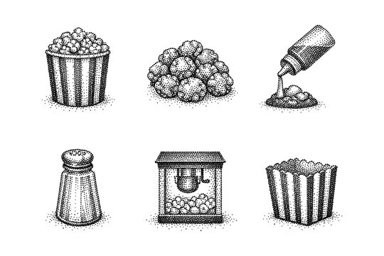 Retro dot style popcorn elements with halftone texture