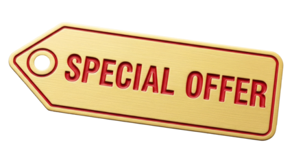 Special offer golden price tag with red text for promotions and discounts, high quality special offer png photo