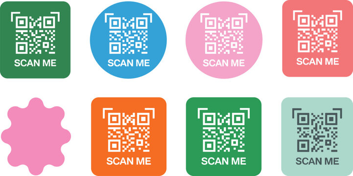 Colorful QR code scan me buttons set for marketing, payments, mobile apps, labels, stickers, and digital branding design