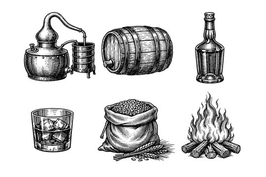 Vintage engraved whiskey elements with distillery and barrel