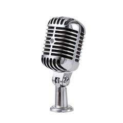 Fototapeta premium Vintage microphone on a black backdrop, sleek and classic recording style.