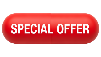 Special offer pill capsule in vibrant red for exclusive discounts and promotions, high quality special offer png photo
