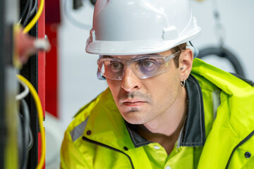 Automation Engineer Inspecting Control Panel in Industrial Factory Male Engineer Checking Electrical Wiring and Robot Control System Engineer with Hard Hat and Gloves Working on Control Panel