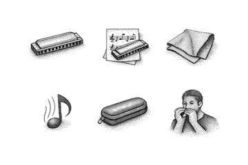 Harmonica and music elements in halftone style