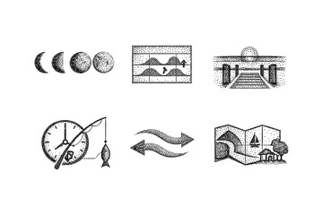 Retro dot art collection featuring celestial phases and scenic landscapes with vintage aesthetic