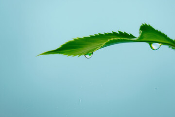 Fresh Green Leaf with Dew Drops on Blue Nature Purity Growth for Eco Friendly Health and Wellness Marketing