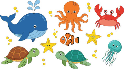 Obraz premium Cute sea animals cartoon illustration set, whale octopus turtle fish crab jellyfish starfish icons collection