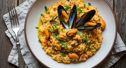 Delicious mediterranean seafood risotto with mussels and fresh herbs on rustic table