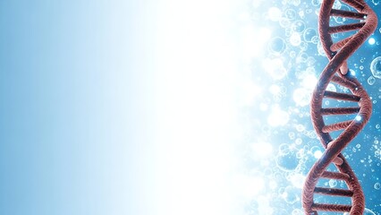 Highly detailed 3d rendering of a complex brown dna double helix structure illuminated against a bright blue cellular background with glowing