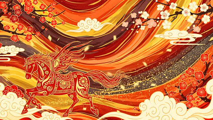 ia generated. Lunar New Year 2026 with a horse and gold details. Modern abstract design representing energy, prosperity, and good fortune.