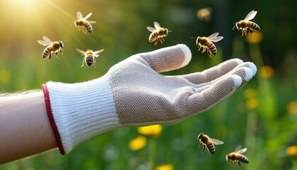 A beekeeper&rsquo;s gloved hand surrounded by bees, illustrating careful handling, safety awareness, and the potential risks such as bee stings and hand swelling during close interaction with hives.