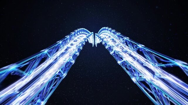 glowing digital bridge converging above skyline luminous blue fiber strands intertwine into arching conduit pulsing data light particle specks deep space backdrop symmetrical perspective highspeed