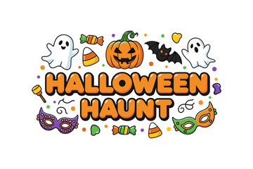 Colorful halloween party design with pumpkins, ghosts, and candy