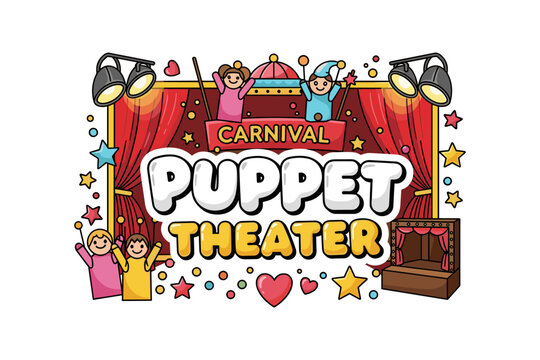 Colorful carnival puppet theater with playful characters and stage elements