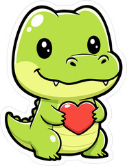 Obraz premium Happy green crocodile cartoon holding red heart isolated.