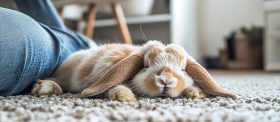 Close-up of a relaxed lop-eared bunny sleeping on a fluffy carpet
