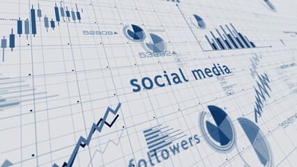 Social media charts and graphs diagram on paper 3d illustration