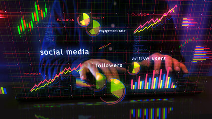 Social media charts graphs display with man typing keyboard