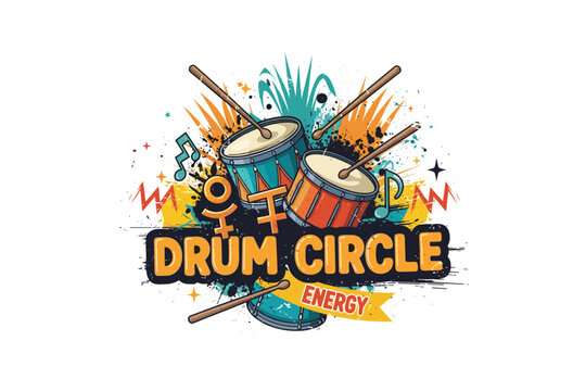 Energetic drum circle splash with vibrant colors and dynamic elements