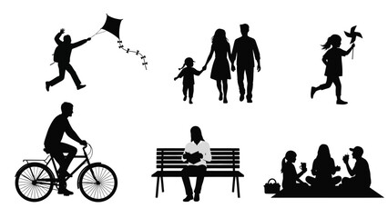 Black silhouettes of people engaging in leisure activities outdoors, including flying a kite, walking, running, cycling, sitting on a bench, and having a picnic