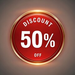Striking red and gold fifty percent off discount badge offers significant savings promotion for shoppers with sale and shopping