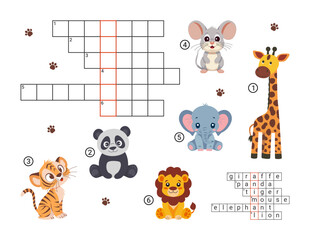 Animal crossword puzzle for preschool kids. Vector game.