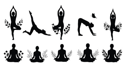 Yoga poses and people meditating in lotus position with plants and butterfly black silhouettes on white background wellness and mindfulness concept