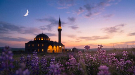 Serene mosque at sunset with purple flowers and crescent moon