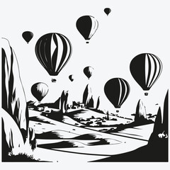Cappadocia landscapes with hot air balloons sketch illustration vector