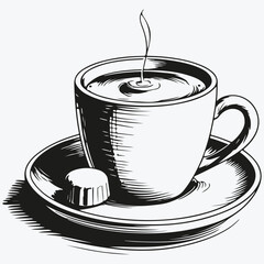 cup of coffee with candy on a plate sketch illustration vector