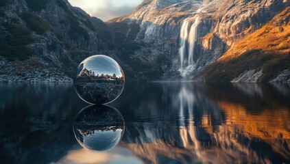 Serene mountain lake with a reflective glass sphere floating on its surface, capturing a stunning waterfall and sunlit peaks in a natural landscape.