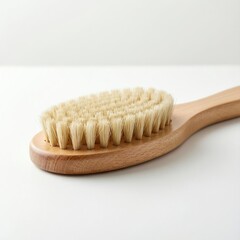 Natural wooden body brush with long handle and bristles on white background, spa tool for dry brushing and back exfoliation