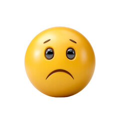 Fototapeta premium A 3D render of a yellow sad face emoticon with furrowed eyebrows and downturned mouth.