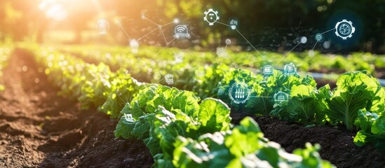 Smart farming concept with a field of growing plants and an overlay of digital network lines connecting various agricultural technology icons, illustrating modern farm management and innovation.