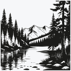 Pine forest and river sketch illustration vector
