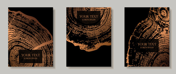 Set of templates with wooden textures backgrounds Luxury bronze wood grain collection for cards banners with place for text Elegant textures featuring growth patterns with circles Vector vertical card