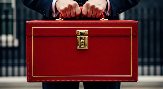 Close-up of UK Chancellor holding the famous red leather Budget dispatch box outside Street, British economy and politics concept