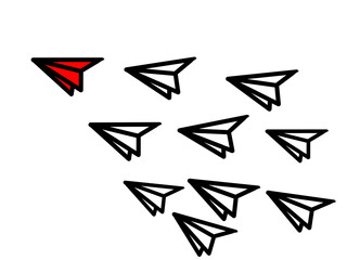 A red paper airplane leading others, symbolizing leadership and business growth, isolated on transparent background.