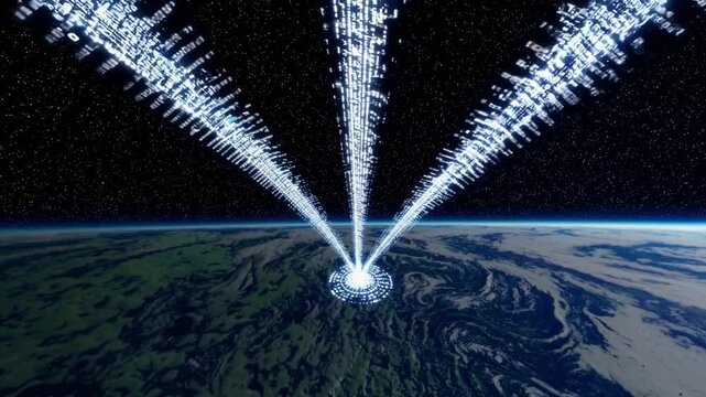 bright uplink beacon emitting data streams, converging light beams shoot from surface into starfield, high contrast white streams over curved earth, sense of broadcast and global transmission,