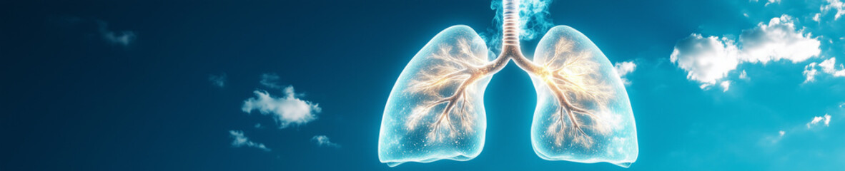 Human lungs made of glowing clouds, slowly dispersing in blue sky, panoramic symbolic scene.