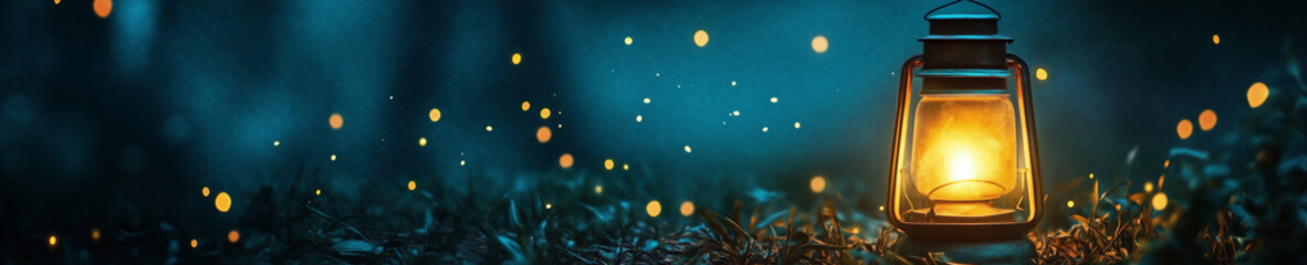 Lantern glowing in the dark with drifting fireflies, panoramic atmospheric banner.
