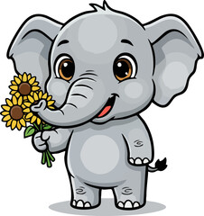Obraz premium Happy cartoon baby elephant mascot holding bouquet of sunflowers.