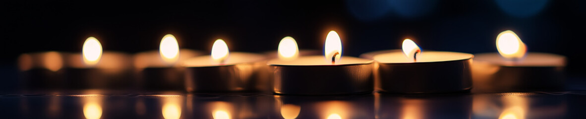 Minimalist candle row glowing in the dark, panoramic symbolic banner, stock look.
