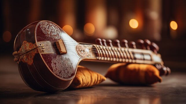 Beautiful Sitar on Soft Cushions Background
