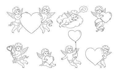 Valentine&rsquo;s Day Heart Cupid Line Drawing Set. Hand Drawn Vintage Cherub Angel Illustrations in Various Pose, Simple Style, Greeting Cards, Posters, Decorations Romantic Holiday Design Vector.
