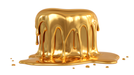 Thick golden liquid dripping down forming a pool with shiny molten metal flows and droplets on a white background with fluid and stream and trickle