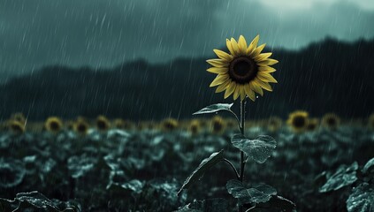 Vibrant Sunflower Standing Tall in Heavy Rain, Water Droplets on Petals and Leaves, Dark Green Field Background