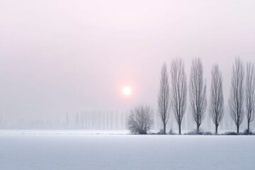 an endless field covered in snow. the air is foggy and misty, and the sun barely peeks through the tall, slender trees
