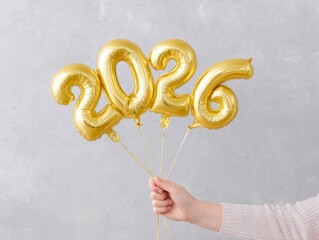 a hand holding golden foil balloons in the shape of 2026 against a light grey background.