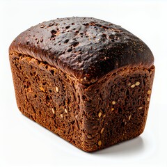 Artisanal dark rye bread loaf with seeded crust presented on a plain white background
